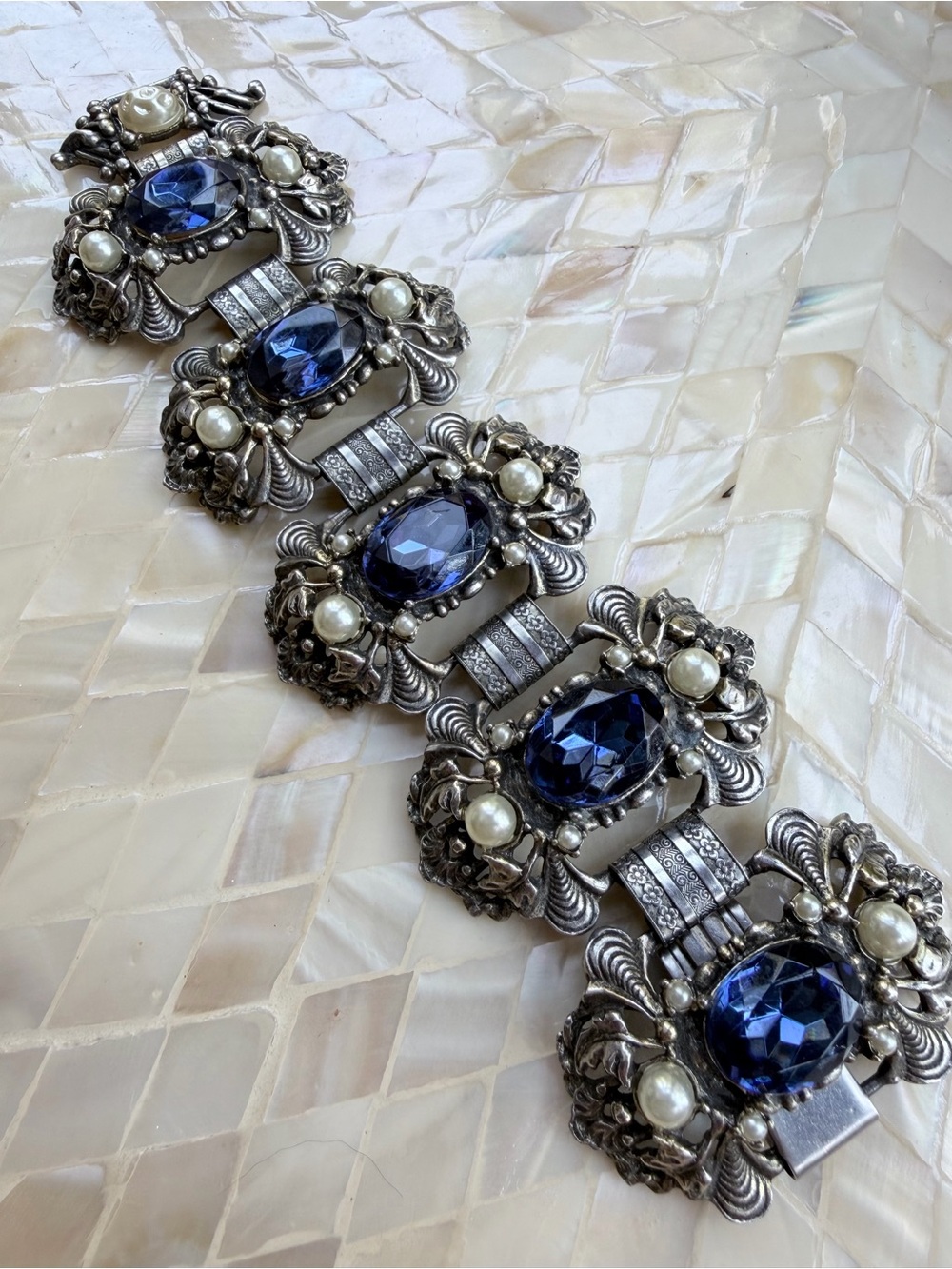 Victorian Revival Bracelet with Deep Blue Stones and Pearls